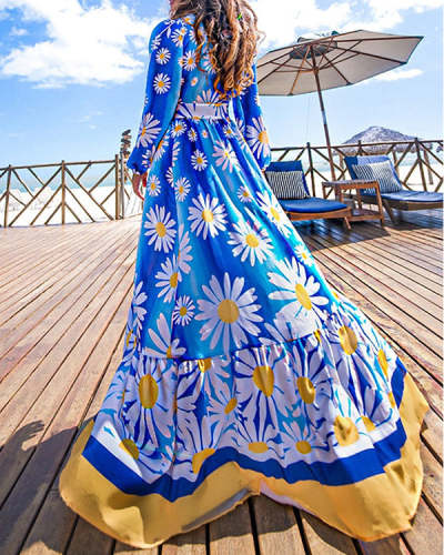 Printed Beach Resort Boho Deep V Long Sleeve Dress