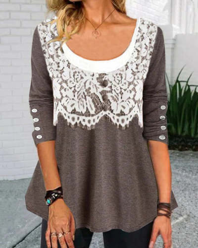 Lace Solid Loosen Casual Long Sleeve Tops