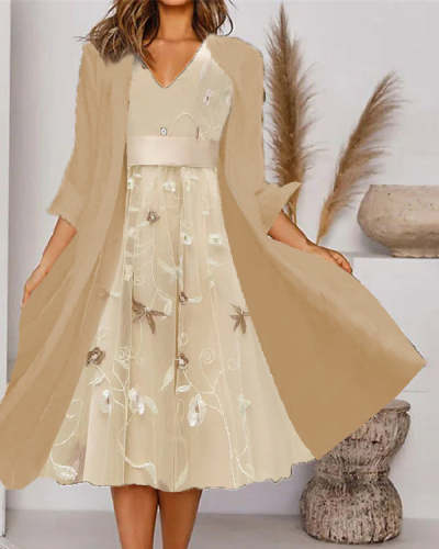 Fake Two Piece Waisted V Neck Chiffon Coat Dress