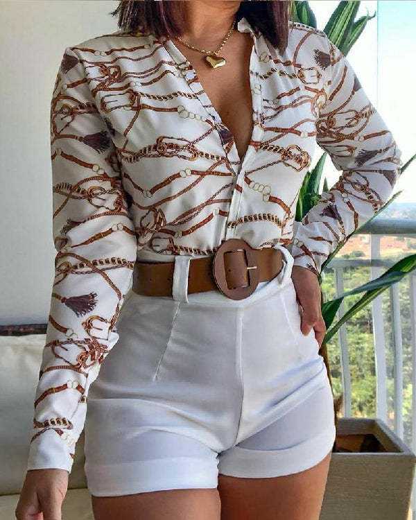 Printed Stand Collar Long Sleeve Shirt Ladies Suit