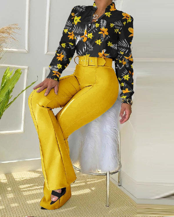 Casual Suit Printed Stand Collar Long Sleeve Shirt Top Wide Leg Pants Two Piece Set