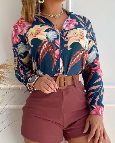 Printed Stand Collar Long Sleeve Shirt Ladies Suit
