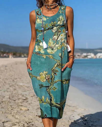 Casual Floral Print Crew Neck Sleeveless Midi Beach Dress