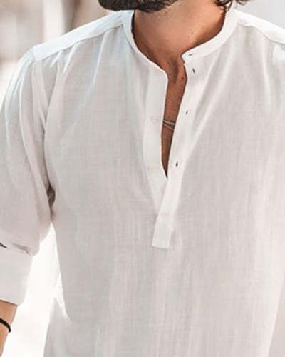 Men's Plain Cotton Linen Long Sleeve Shirt Top