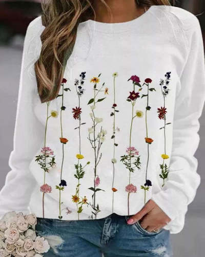 Crew Neck Floral Print Loose Casual Pullover Top