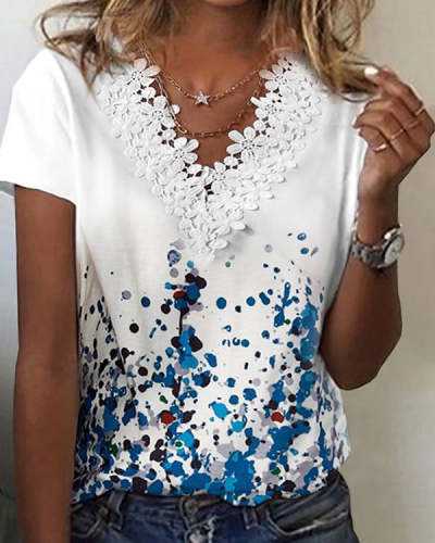 Printed Casual V Neck Short Sleeve Top