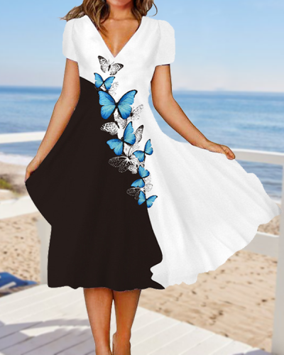 Butterfly Black and White Contrast Print Beach Resort Dress