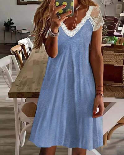 Lace V-Neck Plain Short Sleeve Dress