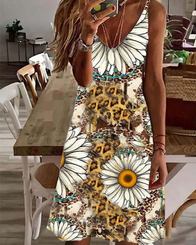 Women's Short Leopard Sunflower Dress