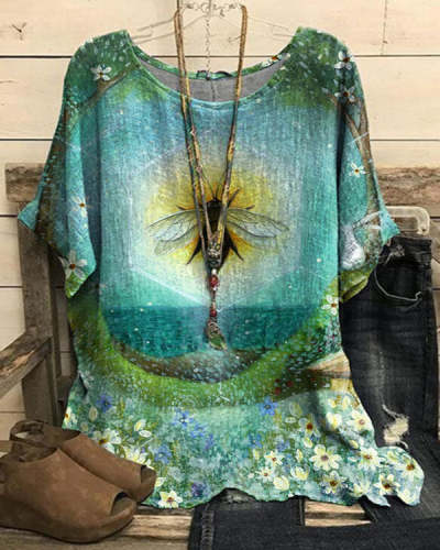 Vintage Bird Insect Floral Print Casual Top