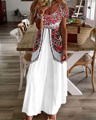 Casual Country Pleated Print Off-Shoulder Maxi Dress