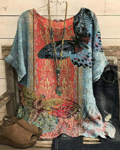 Vintage Butterfly Print Casual Top