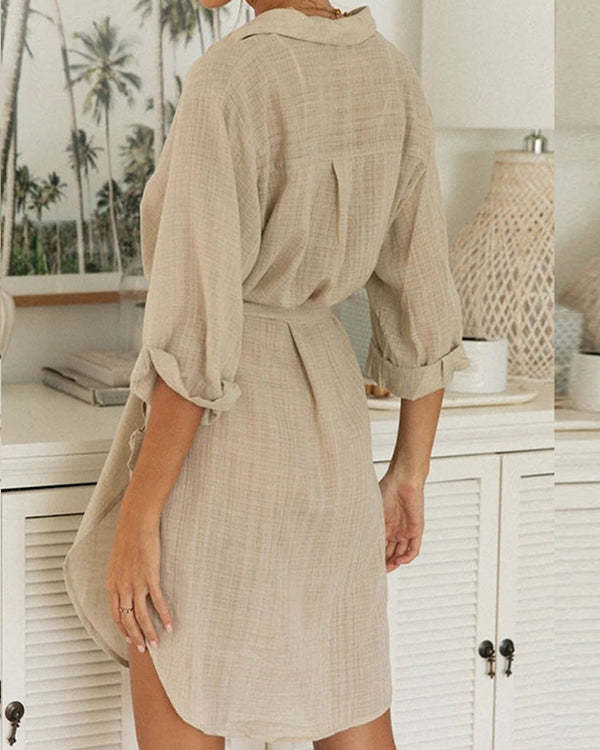 Sexy Long Sleeve Slit Linen Dress