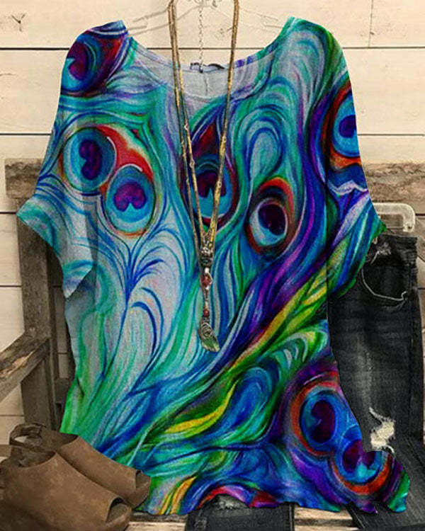 Women's Peacock Feather Print Loose Top
