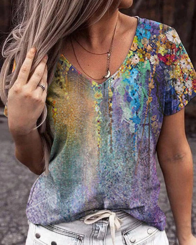 Women's  Abstract Floral V-Neck Short Sleeve T-Shirt