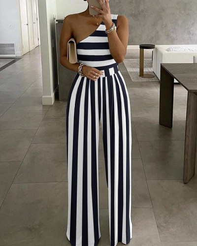 Commuter One Shoulder Simple and Comfortable Striped Jumpsuit