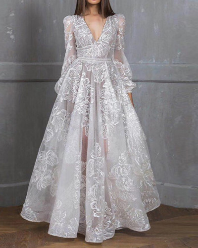 Elegance Pure White Embroidered Floral Mesh V-Neck High Waist Wedding Dress