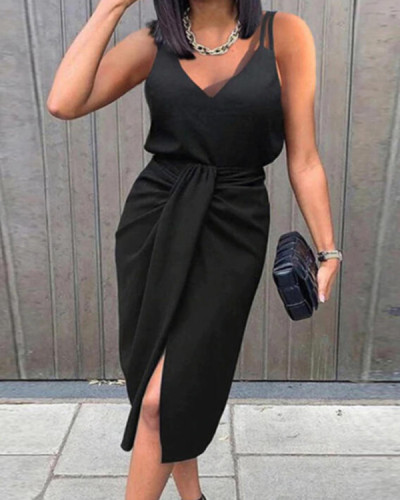 Solid Sleeveless Sheath Slip Little Black/Elegant Midi Dresses