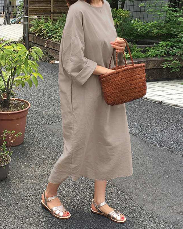 Casual Mid-sleeve Round Neck Solid Color Dress