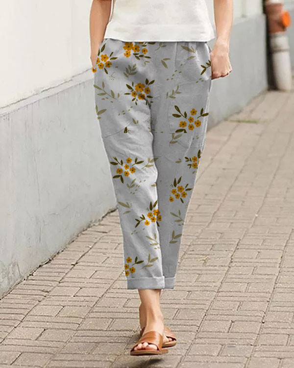 Women's Floral Pattern Casual Solid Color Pocket Elastic Waist Pants