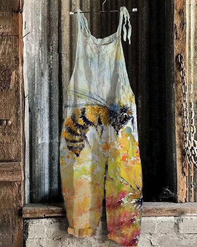 Women's Bee Flower Pattern Loose Casual Jumpsuit