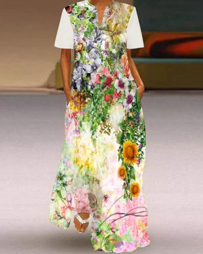 V-neck Casual Loose Floral Print Summer Short Sleeve Maxi Dress