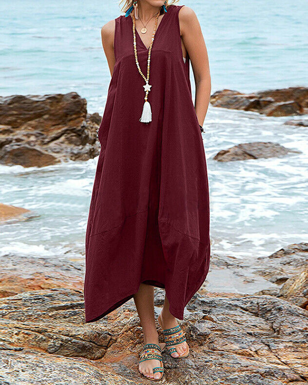 Casual Linen V-Neck Pocket Beach Dress