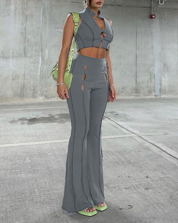 Solid Color Sexy Cutout Sleeveless Suit