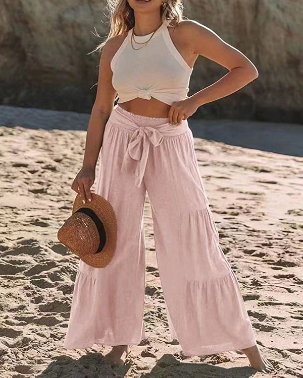 Casual Lace-up Paneled High-waisted Pleated Wide-leg Pants