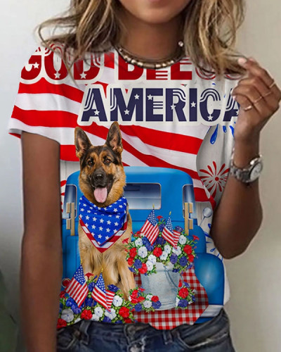 Women's German Shepherd 4th of July Flag Independence Day God Bless America Flag Top
