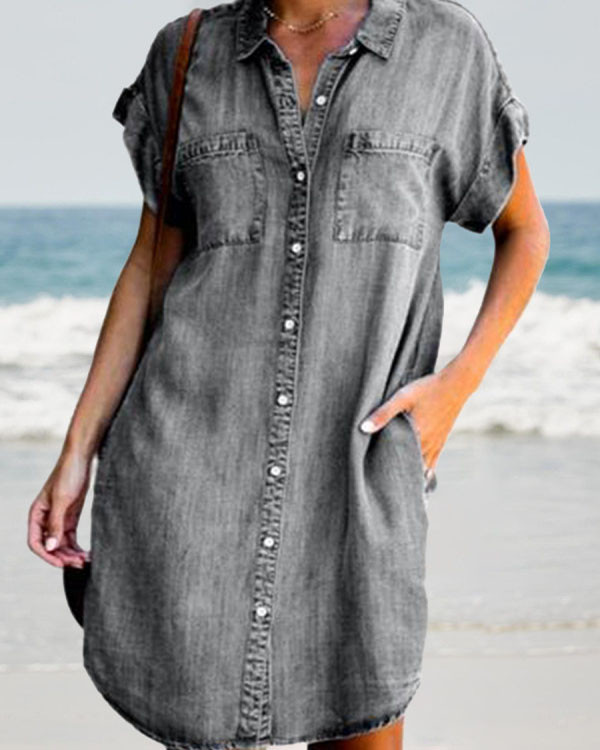Casual Solid Button-Up Shirt Dress
