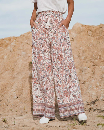 Casual Drawstring Famous Floral Wide Leg Pants