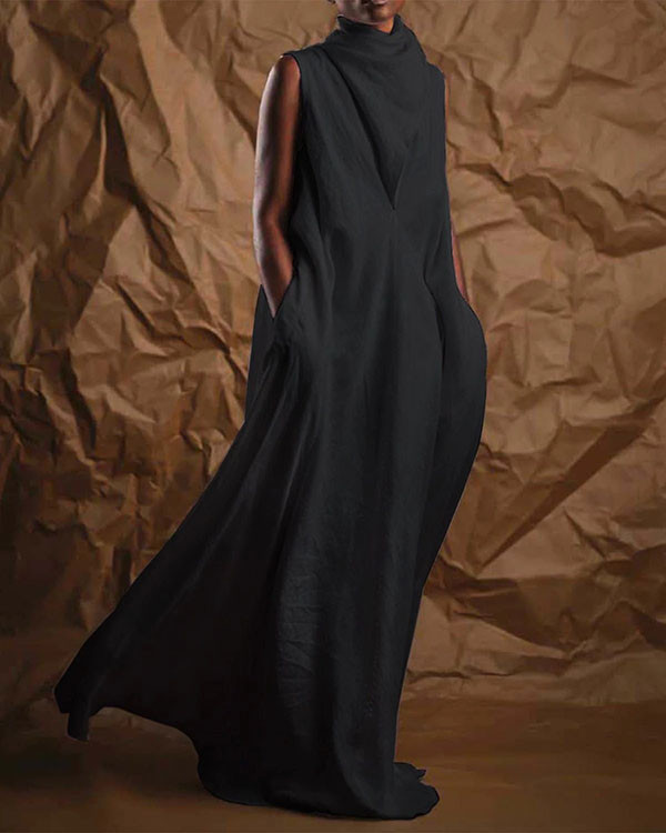 Linen Sleeveless Pile-Neck Long Floor-Length Dress