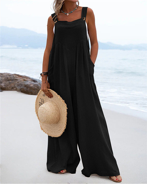 Casual Loose Solid Color Cotton and Linen Jumpsuit