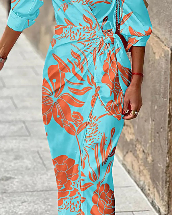 Casual Color-block Floral-detail Shirt Dress
