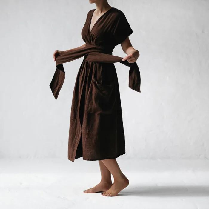 Women's Fashion V Neck Belt High Waist Short Sleeves Cotton- Linen Dress