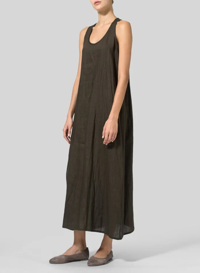 Solid Basic Linen/Cotton A-Line Sleeveless Maxi Dress