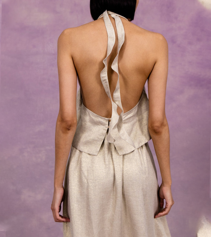 Chic Shiny Halterneck Sleeveless Top & Skirt 2 Pieces Set