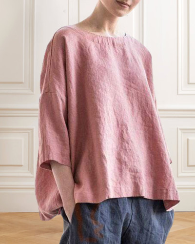 Woman's Plus Size Cotton and Linen Half Sleeve Solid Color Blouse