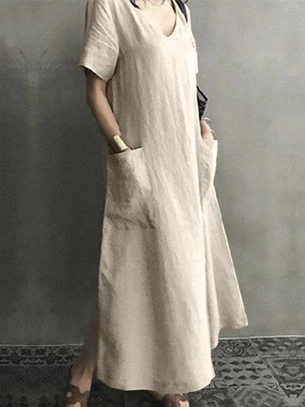 Ladies Literary Retro Cotton&Linen V-neck Large Swing Dress-3color,8size