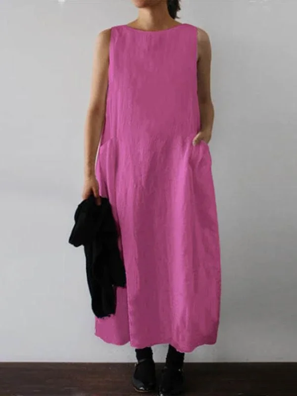 Women's Round Neck Sleeveless Double Patch Pocket Dress