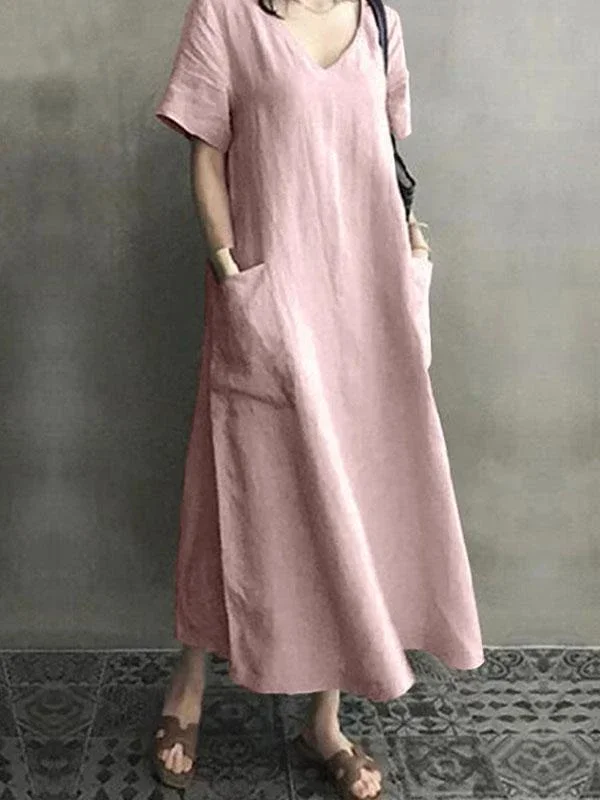 Ladies Literary Retro Cotton&Linen V-neck Large Swing Dress-3color,8size