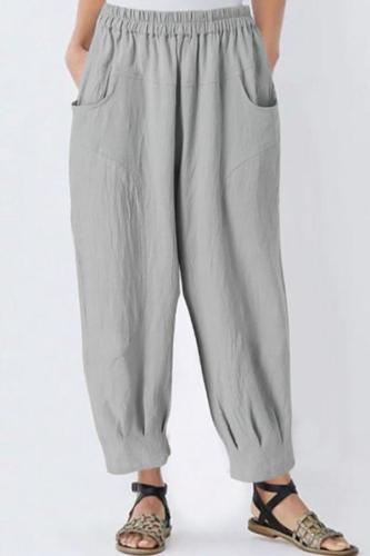 Casual Solid Paneled Side Pockets Elastic Folds Harem Pants