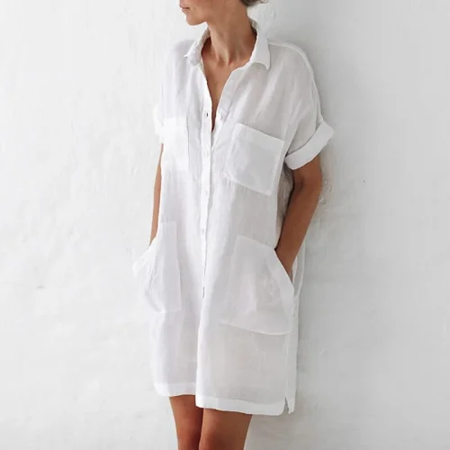 Casual lapel pocket solid color loose cotton and linen dress