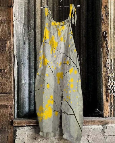 Women's Yellow Branch Print Loose Casual Jumpsuit