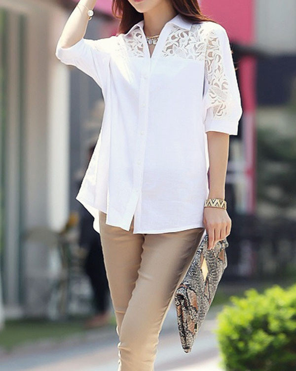 Casual Loose Mid Sleeve Lace Shirt Top