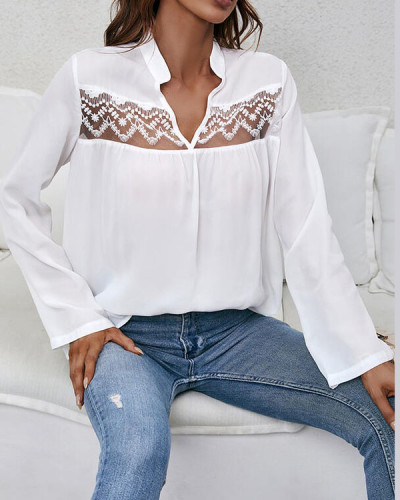 Solid Lace V-Neck Long Sleeves Casual Top