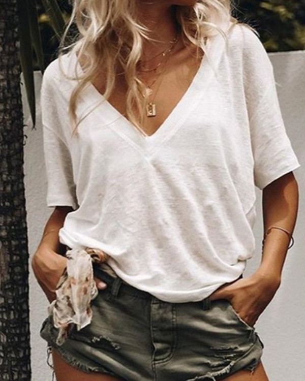 Casual V-Neck Short Sleeve Solid Color Top