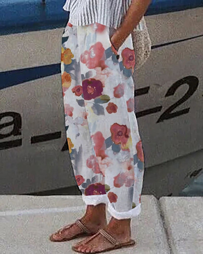 Casual Loose Pocket Butterfly Floral Pants