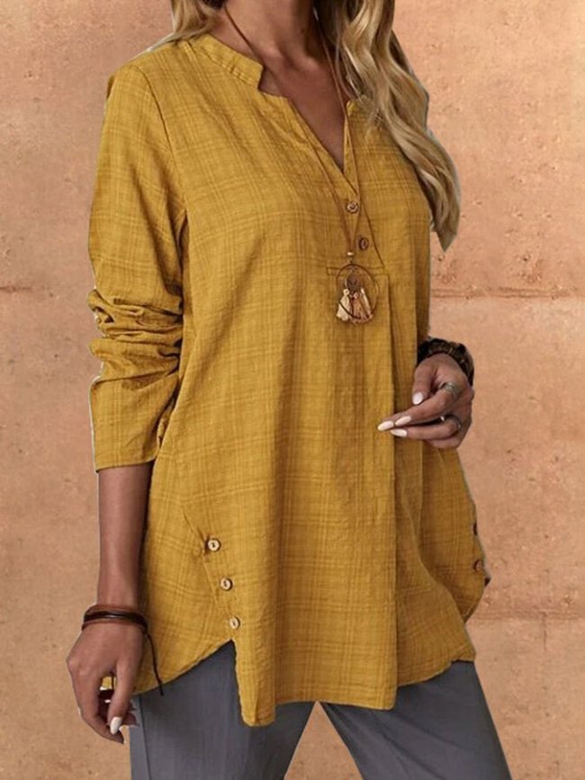 Women's Cotton Linen Solid Color Casual Comfortable Simple Loose Long Sleeve Shirt